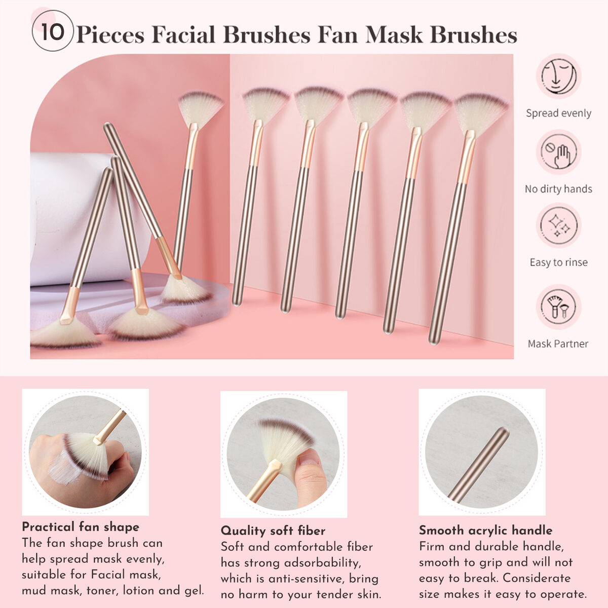 10 Professional Soft Facial Fan Brushes For Mask Mud Cream, Glycolic Peel & Makeup Application - Esthetician Tools With Champagne Finish
