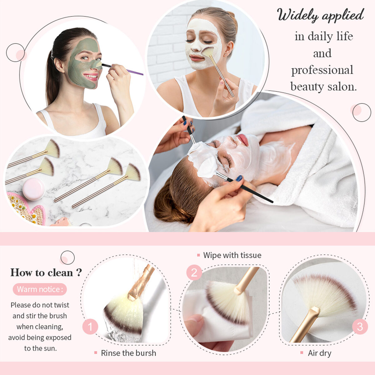10 Professional Soft Facial Fan Brushes For Mask Mud Cream, Glycolic Peel & Makeup Application - Esthetician Tools With Champagne Finish